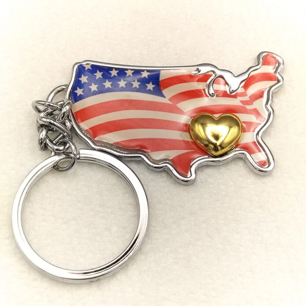 AVON Keychain Silver Red White Blue USA Map Flag Patriotic Souvenir Gift